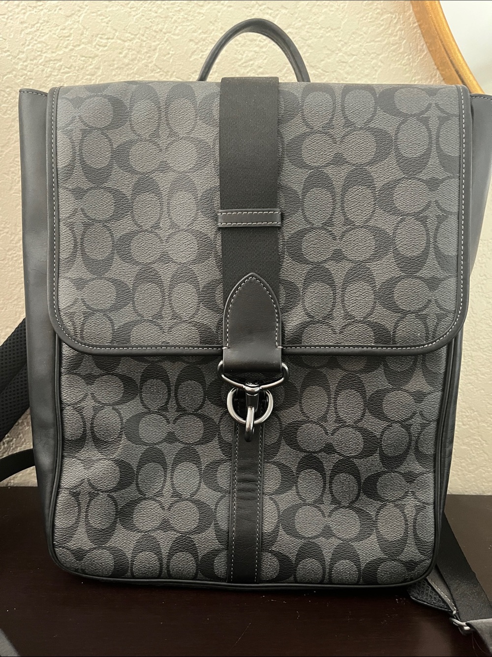 Coach Gray Signature Canvas Backpack with Leather Trim